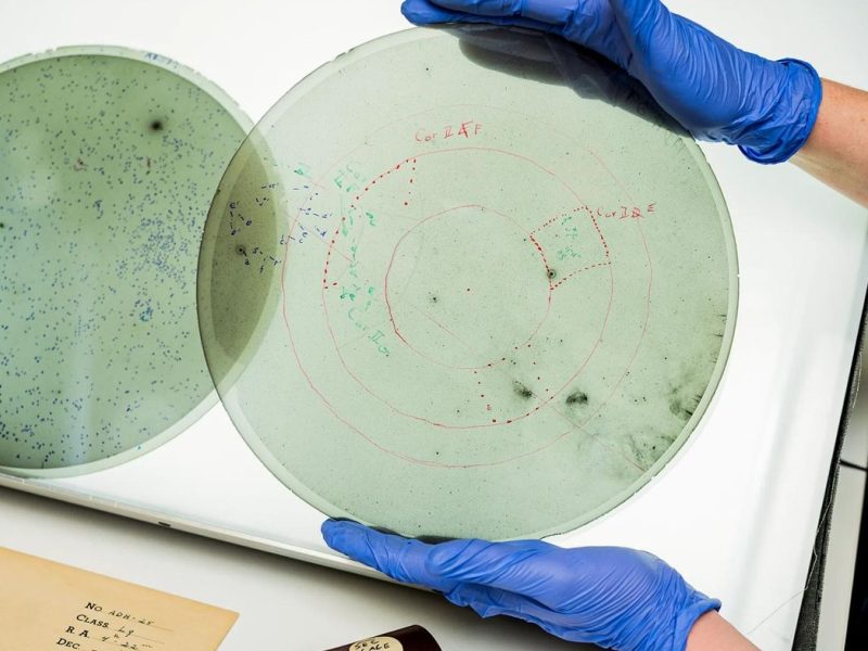 Glass plates taken at the Armagh-Dunsink-Harvard Telescope in Bloemfontein, South Africa, in 1950 and 1951 were annotated by hand.